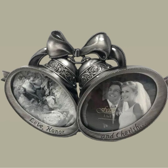 Fetco Wedding Bells Pewter Frame Double Photo Pictures Bling Love Honor Cherish - Picture 5 of 8